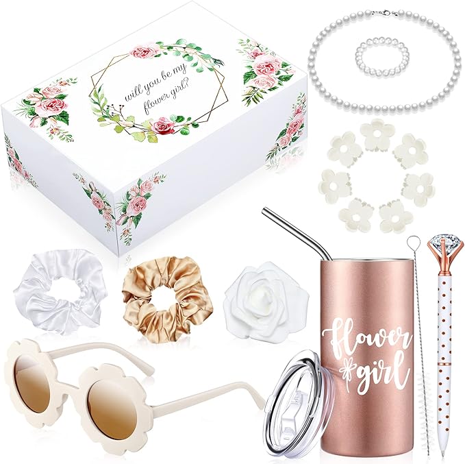 Yilloog 20 Pcs Flower Girl Proposal Gifts Box Set Water Bottle Tumbler Round Glasses Necklace Pearl Bracelet Will You Be M...