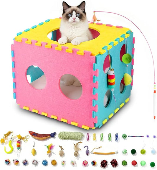 MOYMO 41 Pcs Interactive Cat Toys for Indoor Cats, Kitten Toys with Soft Pillow, Catnip Toys, Chew Rope, Feather Wand, Spr...