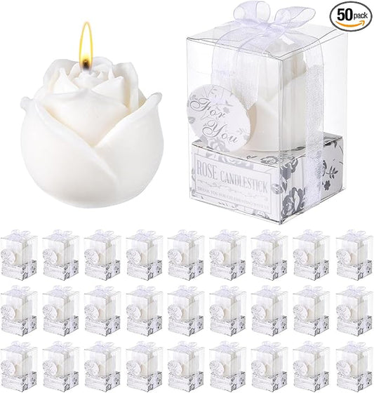 50Set White Rose Flower Shape Candle Bulk Wedding Party Favors Romantic Handmade Delicate Candles with Gift Box, Wedding C...