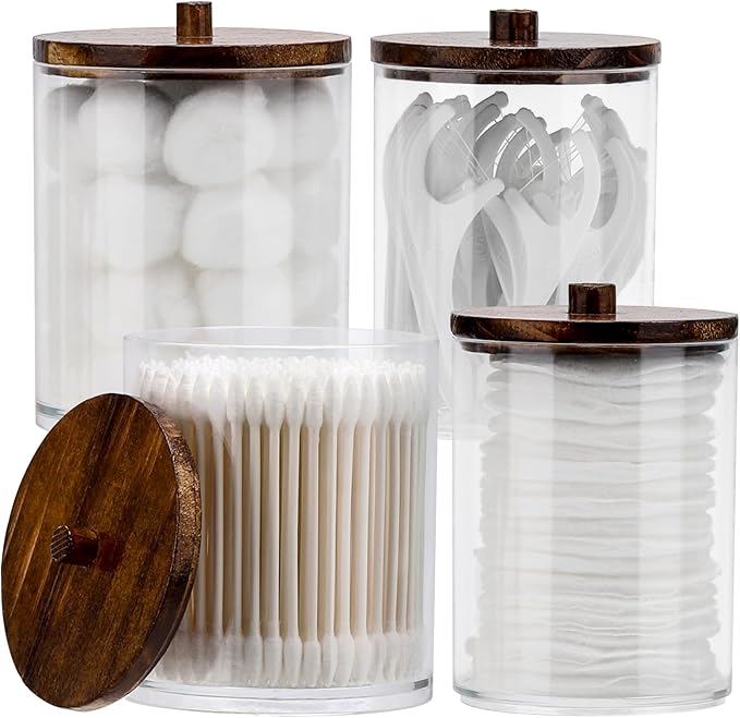 Tbestmax 4 Pack Qtip Holder Dispenser Cotton Ball, Cotton Swab, Floss - 12oz, 10 oz Clear Plastic Apothecary Jars for Bath...
