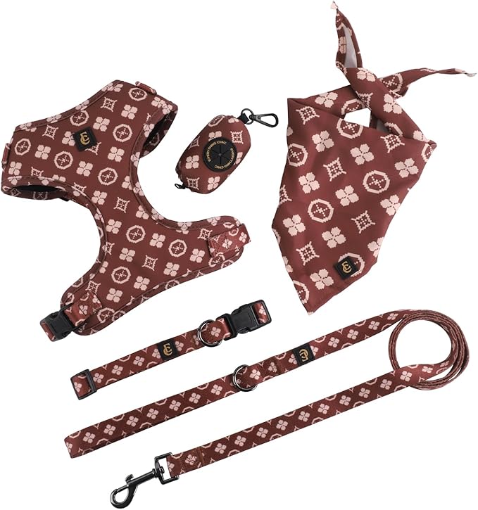 Adjustable Dog Harness, Leash, Poop Bag Holder/Dispenser and Bandana Set, No Pull, Soft Mesh Padded, for Small/Medium Dog...