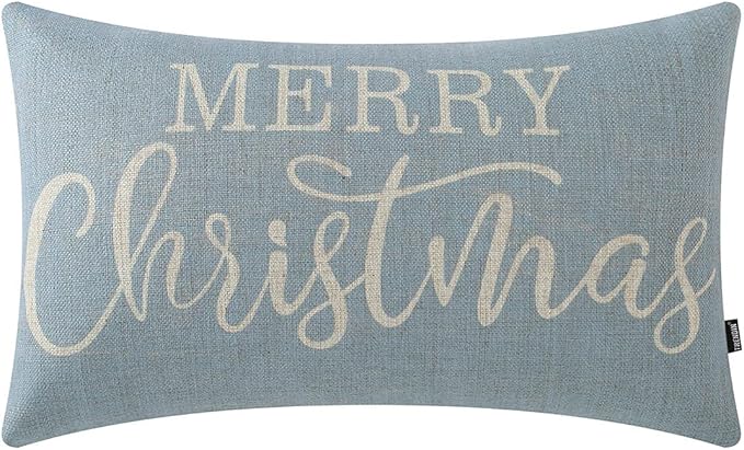 TRENDIN Christmas Couch Pillow Cover 20x12 inch, Blue Lumbar Throw Pillowcase, Home Chair Office Winter Decorations Linen ...