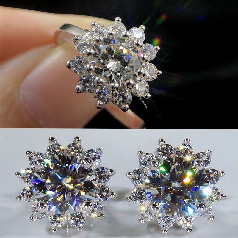 Silver Plated Japanese Korean Gem Crystal Jewelry Set, Simulated Moissanite Sunflower Stud Earrings, Ladies Ring & Pendant Necklace Gift Set For Girlfriend