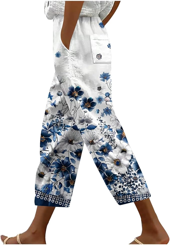 bawilom Hawaii Capri Pants for Women Casual Tropical Floral Print Pants Elastic High Waist Drawstring Summer Beach Trousers