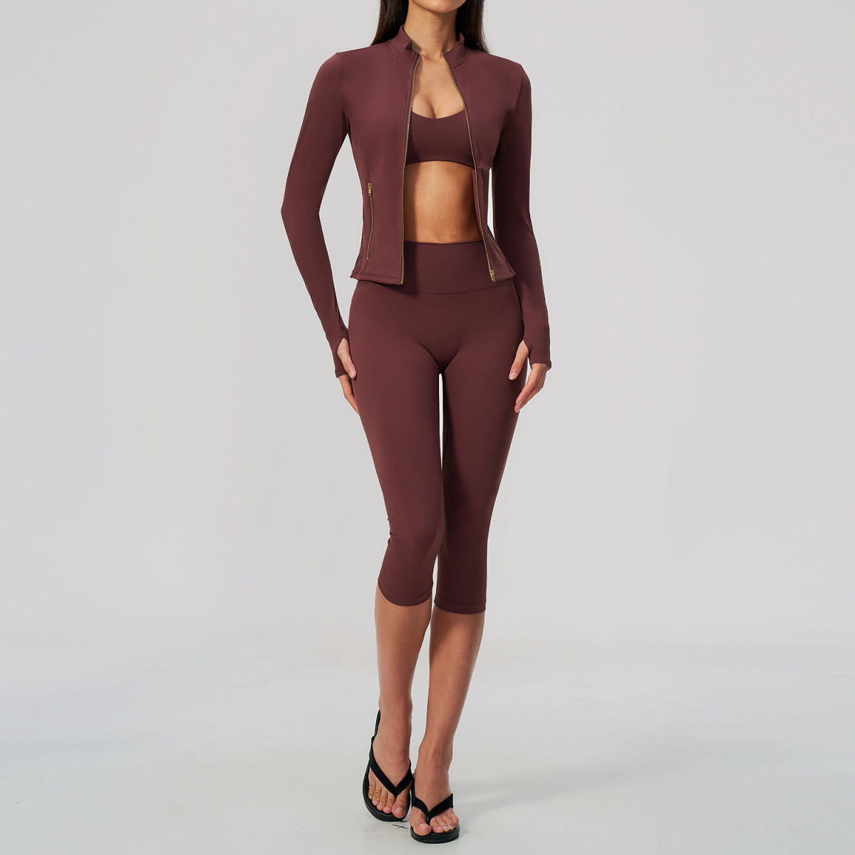 Womens Tight-fitting Waist-cinching Zip-up Slimming Yoga Three-piece Set