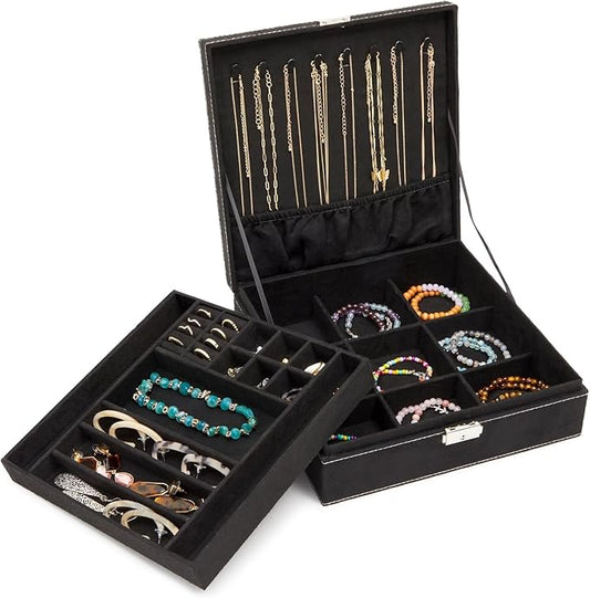 Juvale Jewelry Box for Men - 10.5 x 10.5 x 3.5 in, Black Velvet - Locking 2-Layer Travel Jewelry Organizer & Earring Holde...