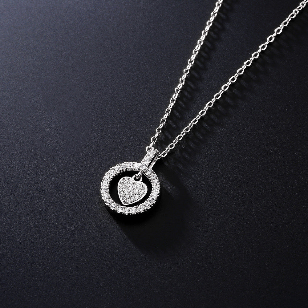 Korean And Japanese Popular Jewelry Heart-Shaped Zircon Necklace Double Circle Hollow Pendant Clavicle Chain European And American Cross-Border Fashion Simple Accessories For Women