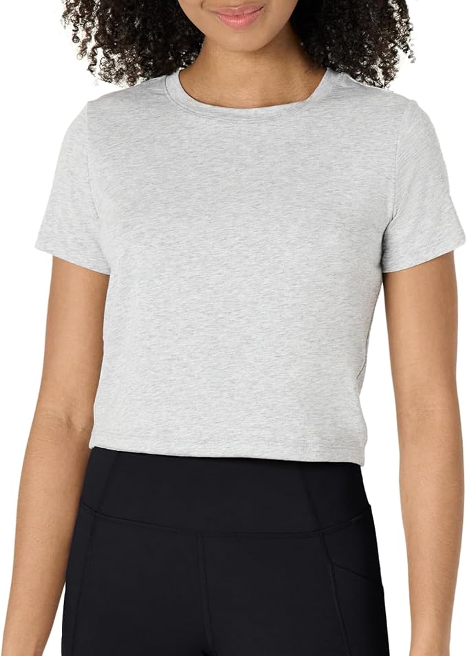 Amazon Essentials Women's Active Soft Cotton Crewneck Short Sleeve Yoga Workout Lightweight Cropped T-Shirt