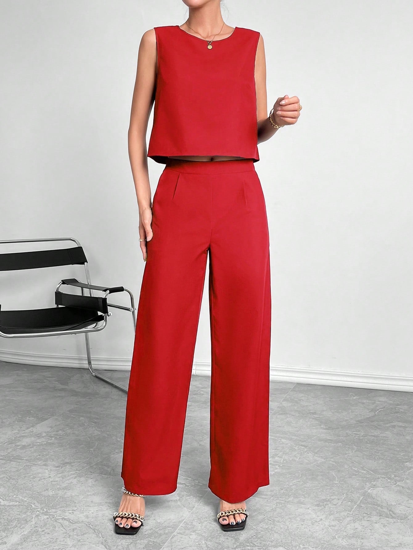 Women's Sleeveless Round Neck Crop Top & Wide Leg Pants Two Piece Set - Casual Solid Color Office Wear Outfit