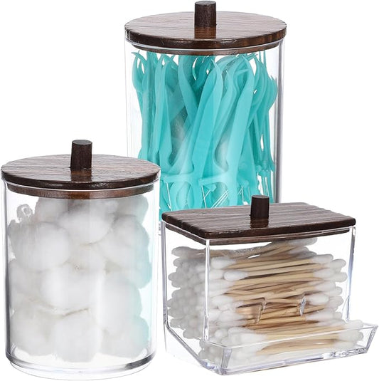 Hipiwe 3 Pack Acrylic Cotton Ball Holder Clear Qtip Holder Bathroom Canister Storage Box with Lid Apothecary Jars Makeup O...