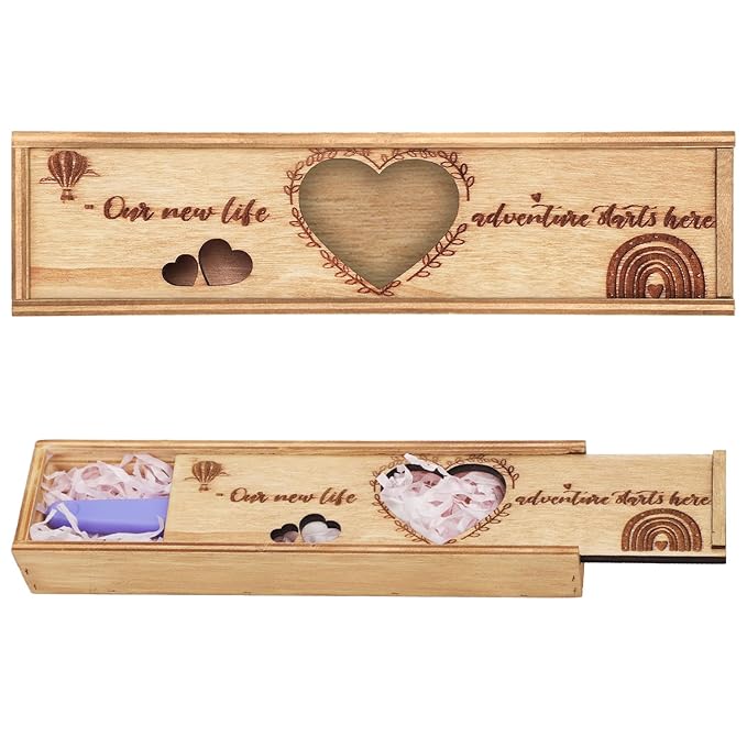Pregnancy Test Keepsake Box, Heart-Shaped Hollow Pregnancy Announcement Box Wooden Baby Reveal with Letter Souvenir Collec...