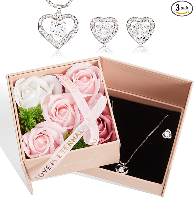 WDS WONDROUS Preserved Rose Jewelry Gift Set for Women, Forever Rose Flower with Heart Necklace & Earrings for Valentine's...
