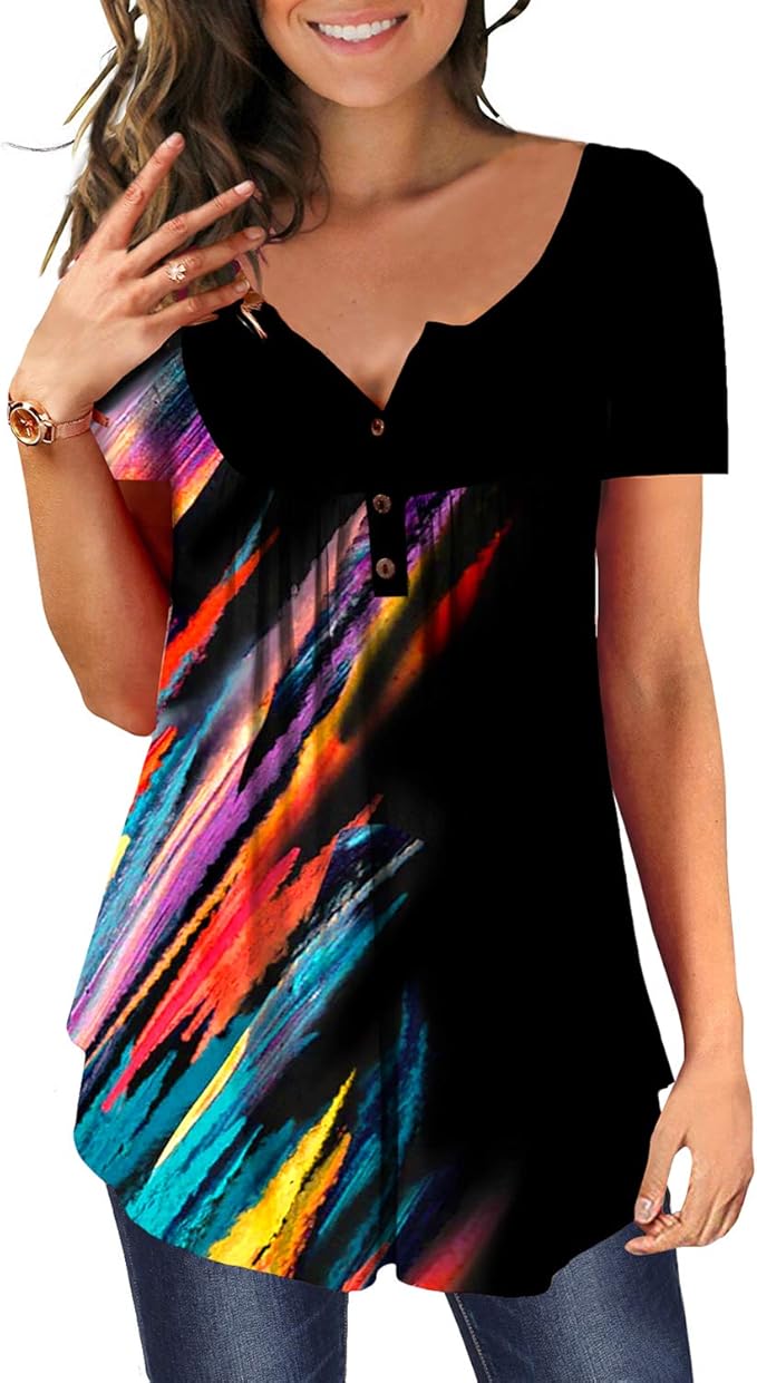 MAYAMANG Women's Floral Tunic Tops Casual Blouse V Neck Short Sleeve Buttons Up T-Shirts