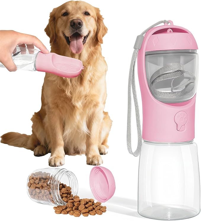 Portable Dog Water Bottle with Food Container, BPA Free Travel Water Bottle for Dogs, 2-in-1 Dispenser Drinking Feeder for...