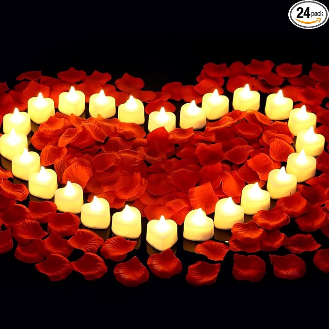 cridoz 2000 Pieces Artificial Rose Petals with 24 LED Tea Lights Candles, Romantic Decorations Special Night Set for Nigh...