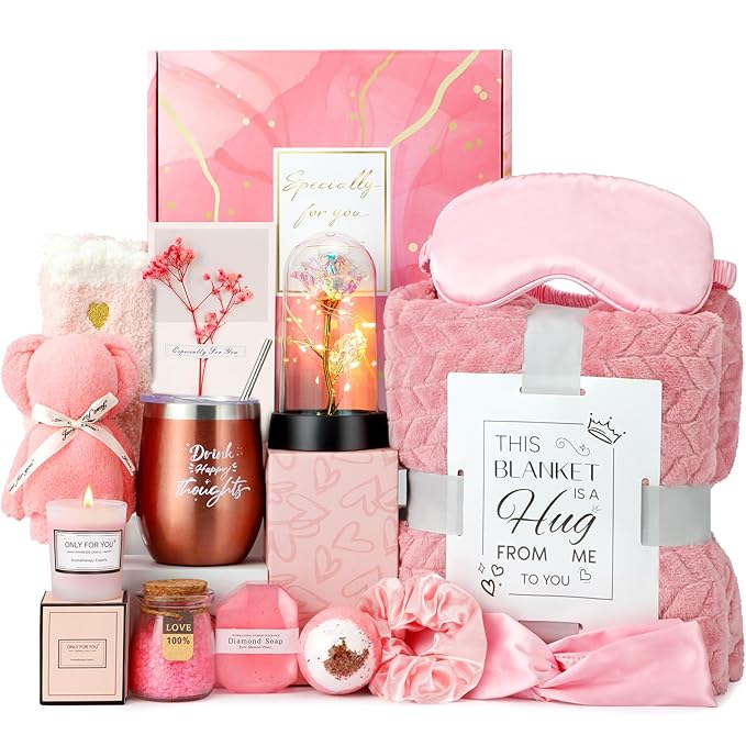 Birthday and Get Well Gifts for Women - Relaxing Spa Care Package With Luxury Flannel Blanket, Light-Up Rose Flower - Uniq...