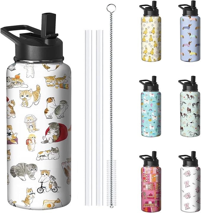 32oz Cat Water Bottle with Handle and Flip Straw, Pixel Sports Stainless Steel Insulated Cup Travel Coffee Mug Tumbler, Bi...