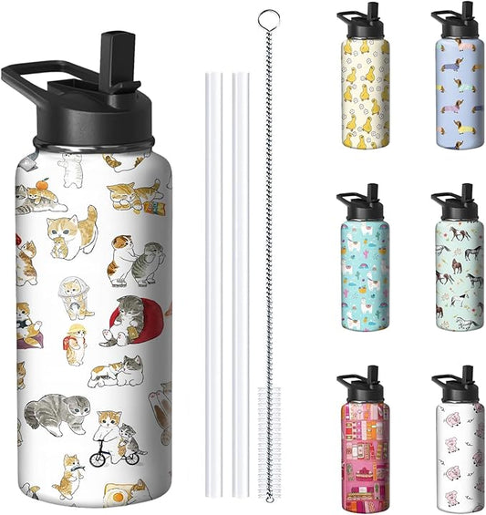 32oz Cat Water Bottle with Handle and Flip Straw, Pixel Sports Stainless Steel Insulated Cup Travel Coffee Mug Tumbler, Bi...