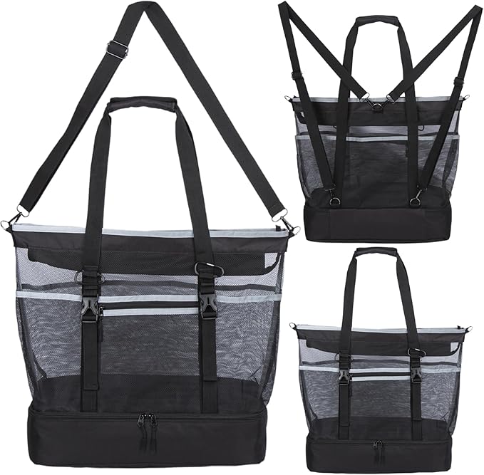 Unamujer Mesh Beach Bag with Cooler Large Travel Family Vacation Essentials Pool Swimming Zipper Pocket Durable 9 Pockets