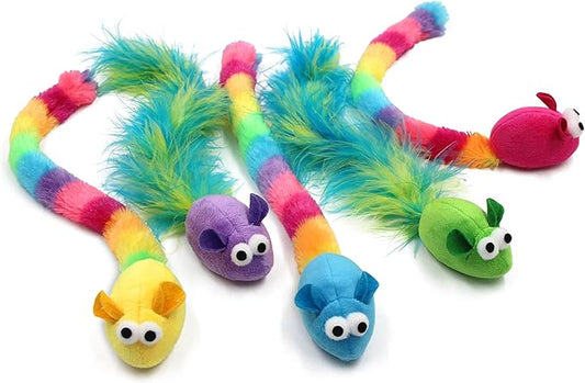 Jumpaws 5 Pack Interactive Catnip and Feather Cat Toys, Multi-Colored Mice with Long Feather Tail, Accessories for Indoor ...