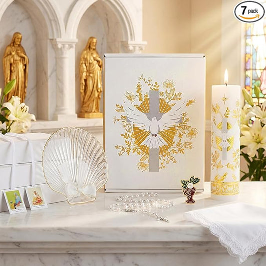 Liliful 7 Pcs First Communion Candle Gift Set, Catholic Baptism Holy Spirit Candle Towel Shell Rosary Set, Velas para Baut...