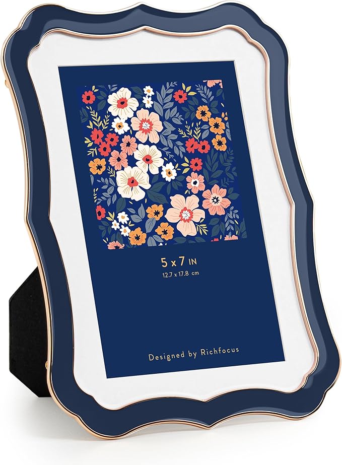 5x7 Enamel Picture Frame with HD-Tempered Glass, Display 4x6 Photo with Mat, Ornate Photo Frame with Metal Edge & Velvet B...