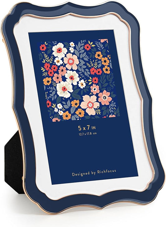 5x7 Enamel Picture Frame with HD-Tempered Glass, Display 4x6 Photo with Mat, Ornate Photo Frame with Metal Edge & Velvet B...