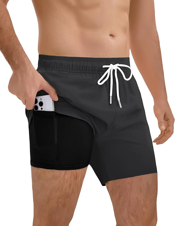 Lncropo 2 in 1 Mens Swim Trunks with Compression Liner 5 Inch Swim Shorts Quick Dry Bathing Suit Swimsuits