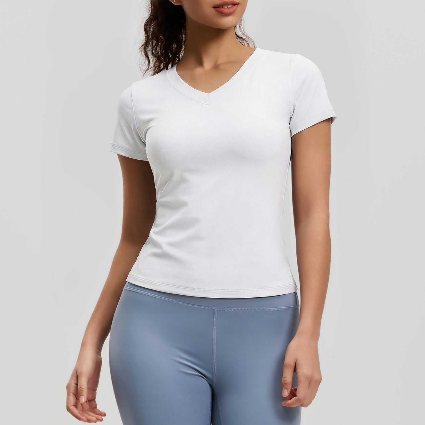Peach Basic V-neck Short Sleeve Sports Top, Breathable Slim-fit Yoga Shirt For Fitness And Running