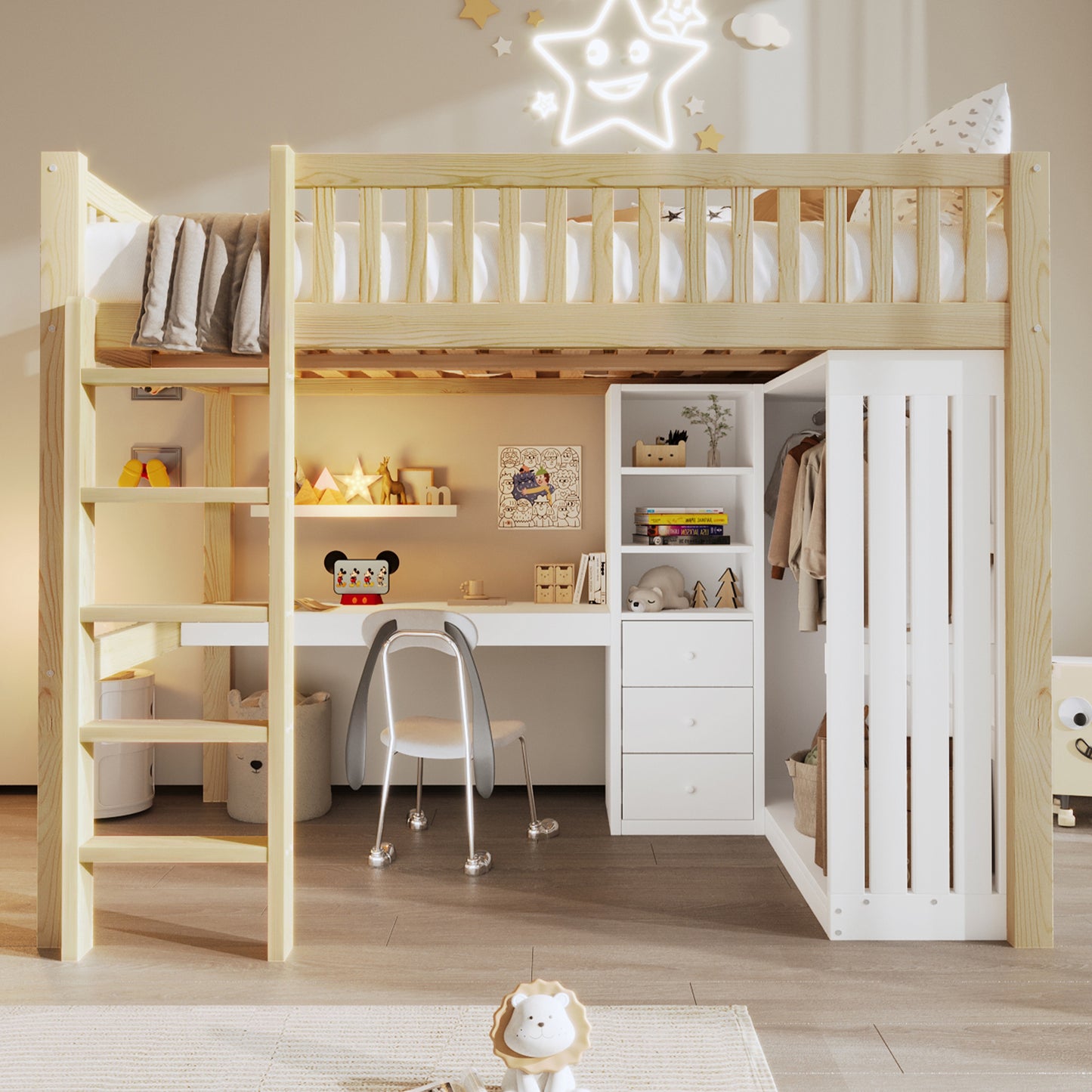 Loft Bed, 140x200cm , Desk, Wardrobe, 3 Drawers, Open Storage Space, Railing, Stairs, Without Mattress, Natural
