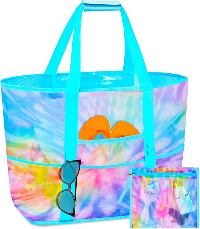Mesh Beach Bag - Large Beach Tote Bag Women Pool Bags with Zipper 10 Pockets Foldable Beach Toy Bag for Towel, Flip Flops
