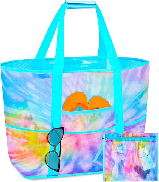 Mesh Beach Bag - Large Beach Tote Bag Women Pool Bags with Zipper 10 Pockets Foldable Beach Toy Bag for Towel, Flip Flops