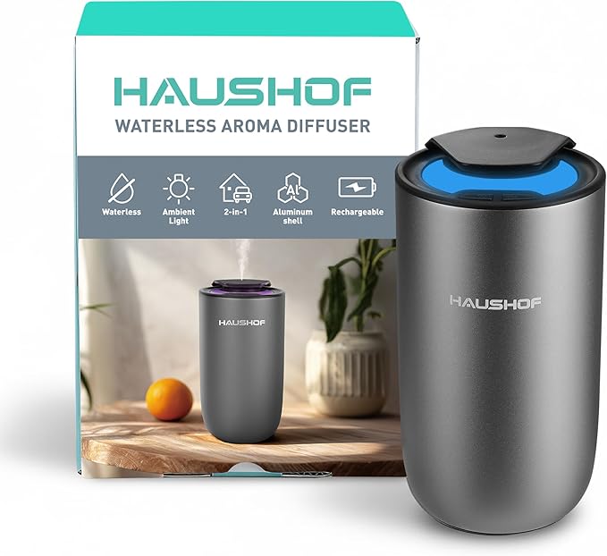 HAUSHOF Waterless Essential Oil Diffuser for Home & Car, Smart Aromatherapy Scent Diffuser with Auto On/Off, 3 Mist Levels...