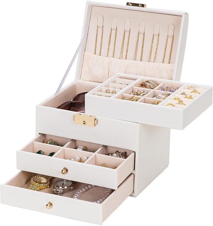 Homde Mothers Day Gifts Small Girls Jewelry Box with Lock: 3 Layer Organizer with Removable Tray - Storage for Ring Neckla...