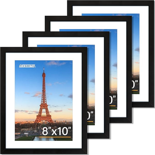FIXSMITH 8x10 Picture Frame Set of 4, Photo Frame with HD Plexiglass, Display Pictures 5x7 with Mat or 8x10 Without Mat Mu...