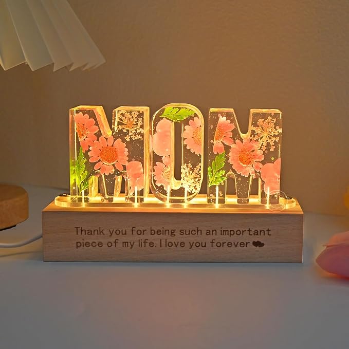 Britrio Gift for Mom Dry Flower Night Light Lamp for Mother's Day Gift from Son Daughter Dried Pressed Flower Letter Led L...