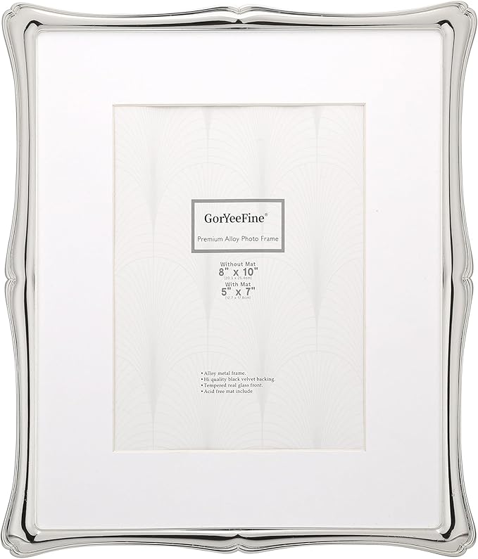 GorYeeFine Silver 8x10'' Premium Alloy Picture Frame with Acid Free Mat for 5x7'',Luxury Hi-End Photo Frames 5x7'' with Bl...