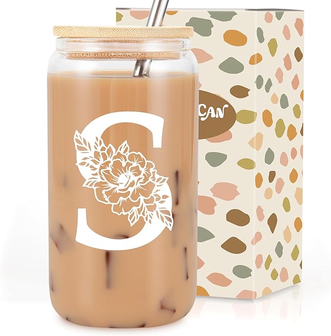 Coolife Initial Glass Cup, Monogrammed Gifts for Women, 16oz Glass Cups w/Lids Straws, Iced Coffee Smoothie Beer Tumbler ...