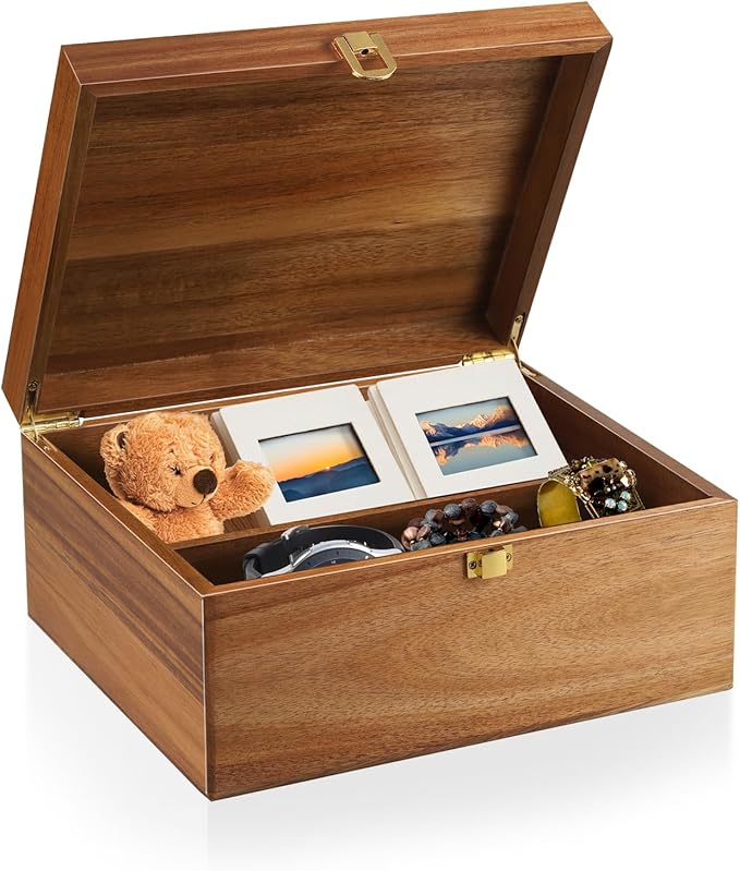 BOTOP Wooden Keepsake Box, Large Acacia Decorative Storage Boxes with a Hinged Lid, Memory Treasure Box with Dividers for ...
