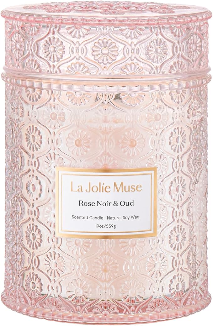 LA JOLIE MUSE Rose Noir & Oud Scented Candle – Lemon, Rose & Oud |19 oz Large Wooden Wick Candle | Natural Soy Wax | 90 Ho...