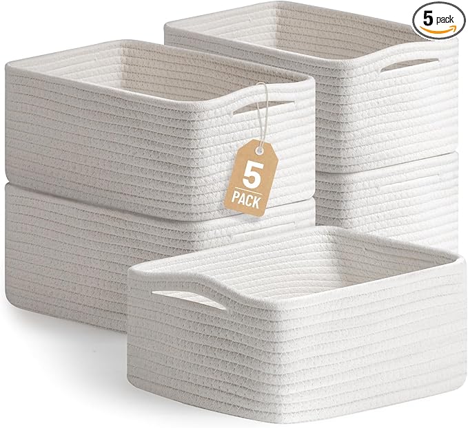 5 Pack White Small Woven Storage Baskets for Shelves, Cotton Rope Baskets Organizer for Bathroom, Closet & Nursery, Decora...