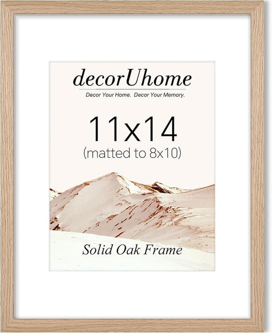 decorUhome Solid Oak Wood 11x14 Picture Frame, Display Pictures 8x10 with Mat or 11x14 without Mat, Wall Mounting Photo Fr...
