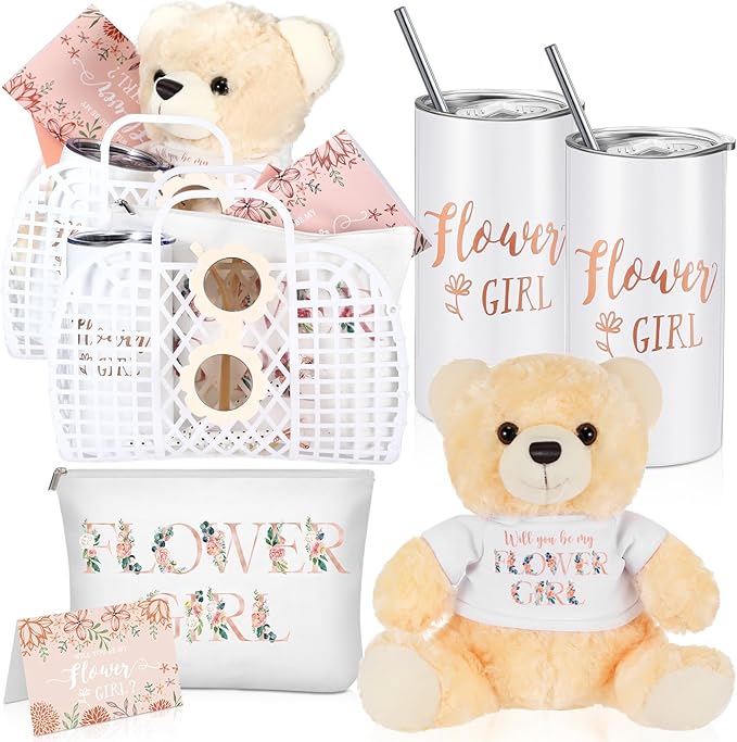 Sieral 18 Pcs Flower Girl Gift Set Jelly Basket Tumbler Bear Sunglasses Canvas Bag Bracelet Card Pen Envelope for Wedding ...