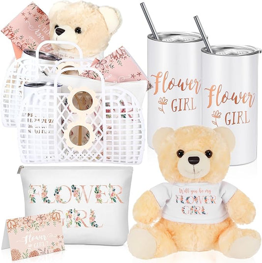 Sieral 18 Pcs Flower Girl Gift Set Jelly Basket Tumbler Bear Sunglasses Canvas Bag Bracelet Card Pen Envelope for Wedding ...