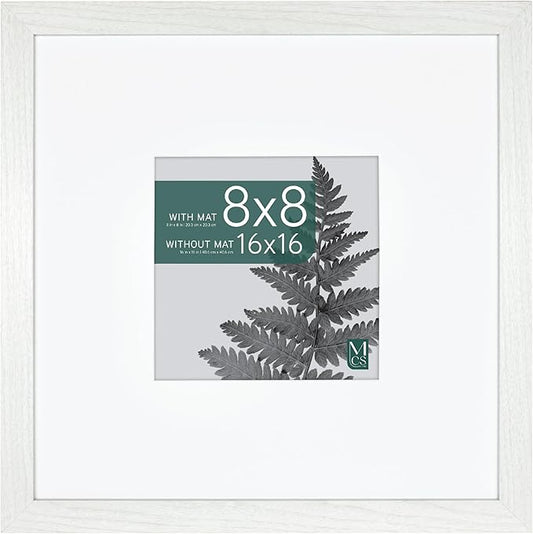 MCS Studio Gallery 16x16 Matted Photo Frame with 8x8 Picture Display, White Woodgrain Vertical & Horizontal Wall Hanging L...