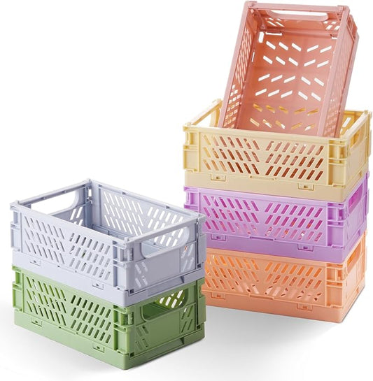 HUUSMOT 6-Pack Small Pastel Plastic Storage Baskets, Collapsible Crates for Organizing, Space-Saving Mini Bins for Classro...