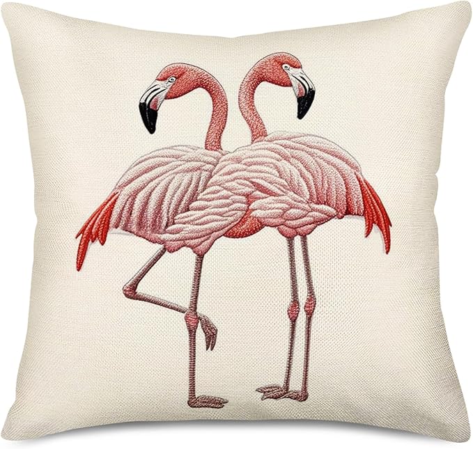 Qinqingo Throw Pillow Covers Embroidery-Like Style Cotton Linen Square Flamingo Throw Pillow Case Home Sofa Decorative Cus...
