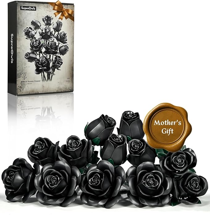 iATOM Black Rose Bouquet Building Set, 12Pcs Flower Botanical Collection Kit for Adult, Valentine's Day Gift for Her/Girlf...