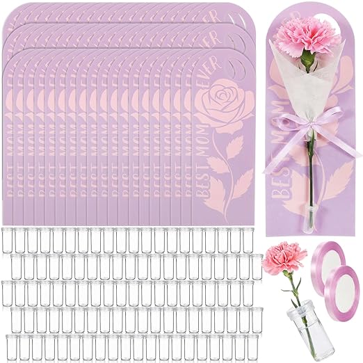 Eaasty 96 Set Mother's Day Themed Single Carnation Card Sleeve Gift Packaging Flower Holder with Floral Water Tubes Ribbon...