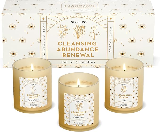Serebliss Candle Set - 3 Pack Soy Wax Aromatherapy Scented Candles for Energy Cleansing, Manifestation, Palo Santo, Sage, ...